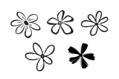 Flower. Hand-drawn brush stroke, abstract. Sketch silhouette with grunge brush texture. Vector set of simple flowers. Vector illustration, iridescent, isolated on white background.