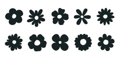 Collection of black silhouettes icon flower, top view. Abstract botanical set of geometric flowers. Vector floral design on transparent background.