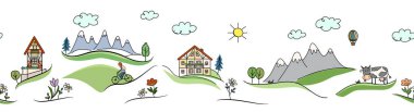 mountain landscape. Horizontal seamless pattern featuring mountains, traditional Alpine-style village houses, a cyclist, trees, sun, flowers, cow, hot air balloon. An adventure or vacation