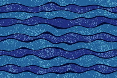 Aquatic marine seamless pattern with waves and foam. Flat vector illustration of a turbulent sea. Horizontal black wavy lines, shades of blue. Pattern for summer nautical design, wallpaper, and paper.