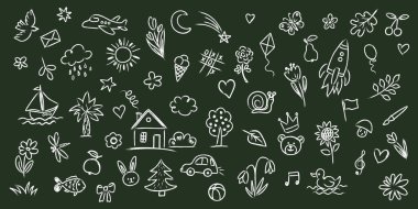 set of sketches kids' background elements. House, sun, flowers, airplane, tree, boat, clouds, bird. Kids' chalk drawing on dark school blackboard. Vector illustration, all objects are isolated.