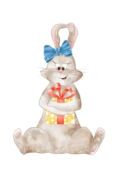 有趣的水彩画女兔子与礼物和鞠躬 白色背景下孤立的兔子的图解 儿童的宠物狗图解 — 图库照片
