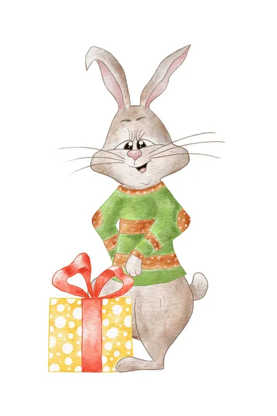 Divertido Conejito Acuarela Suéter Navidad Con Regalo Ilustración Conejo Aislado —  Fotos de Stock