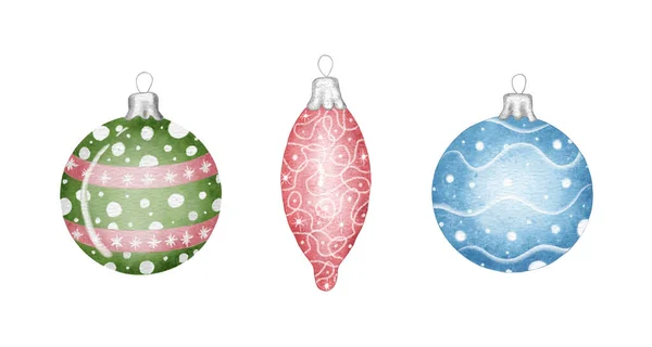 クリスマスツリー上のクリスマスのおもちゃの水彩コレクション クリスマスボールとつらら クリスマス休暇のための装飾 白い背景に隔離された — ストック写真