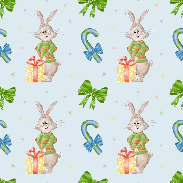Nahtloses Aquarellmuster Mit Häschen Illustration Eines Kaninchens Für Die Neujahrsfeiertage — Stockfoto