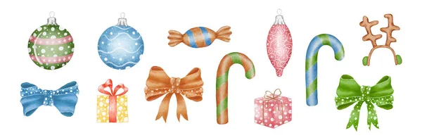 Aquarell Sammlung Von Weihnachtsspielzeug Weihnachtskugeln Und Eiszapfen Süßigkeiten Bogen Und — Stockfoto