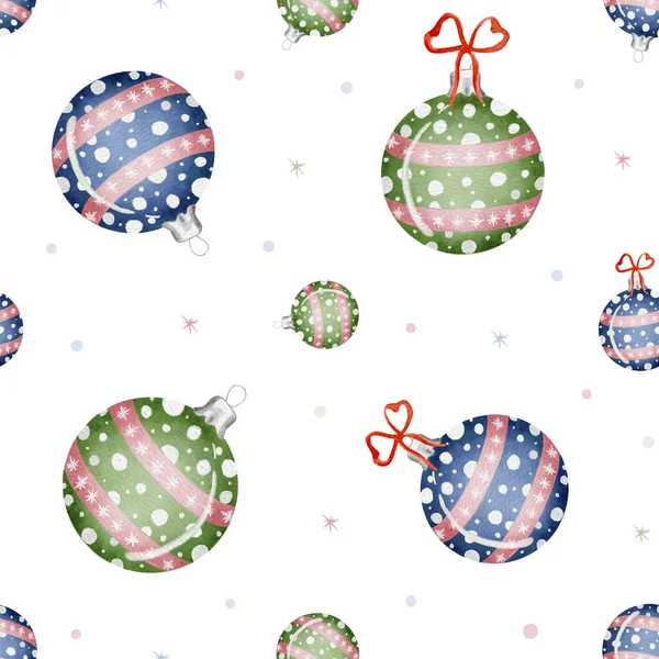 水彩画无缝图案与圣诞装饰 蓝色和绿色球 圣诞树上的玩具球 圣诞快乐 新年快乐 剪贴簿 纺织品 壁纸设计 — 图库照片