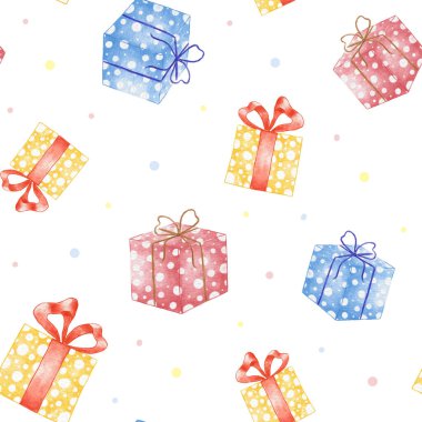 Suluboya Hediye Kutusu Kusursuz Desen. Kurdeleli Noel Hediyesi Kutuları ve Kırmızı, Sarı ve Mavi Kutular.
