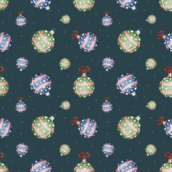 Aquarell Nahtlose Muster Mit Weihnachtsdekoration Blaue Und Grüne Bälle Spielzeugkugeln — Stockfoto