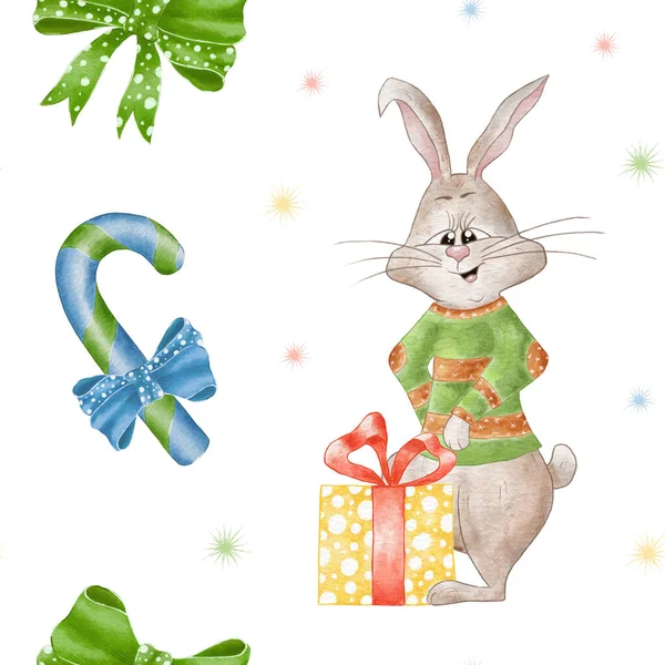 Απρόσκοπτη Ακουαρέλα Μοτίβο Bunny Εικονογράφηση Κουνελιού Για Τις Πρωτοχρονιάτικες Διακοπές — Φωτογραφία Αρχείου