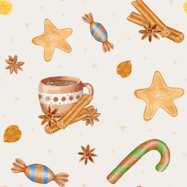 Watercolor Christmas Seamless Pattern Mug Hot Chocolate Cinnamon Ілюстрація Gingerbread — стокове фото
