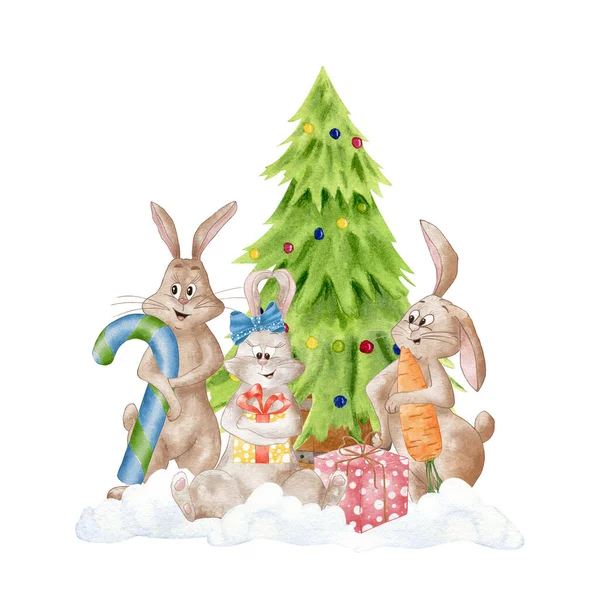Illustration of a Christmas Tree with Cute Bunnies and Gifts. Symbol of 2023. Watercolor Rabbit With Gift Box Isolated On White Background. Clipart