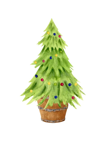 Illustration Christmas Symbol Christmas Watercolor Christmas Tree Wooden Bucket Isolated — Stock Photo, Image