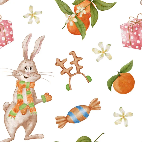 Wzór Świąteczny Akwarela Królikami Pomarańczami Poroże Reniferów Płynny Wzór Cukierkami — Zdjęcie stockowe