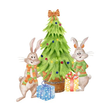 Şirin Tavşanlar ve Hediyeler ile Noel Ağacı 'nın tasviri. 2023 'ün sembolü. Beyaz arka planda izole edilmiş hediye kutusu olan suluboya tavşan. Clipart