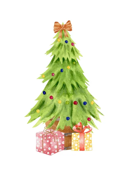 Illustration Julgran Med Gåvor Julens Symbol Akvarell Julgran Trä Hink — Stockfoto