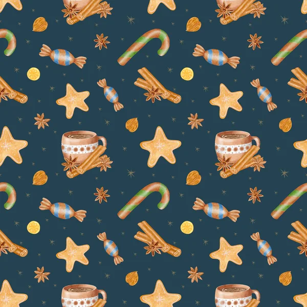 Υδατογραφία Χριστούγεννα Seamless Pattern Κούπα Ζεστής Σοκολάτας Και Κανέλα Εικονογράφηση — Φωτογραφία Αρχείου