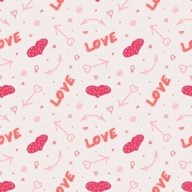 Sevgililer Günü için basit, pürüzsüz bir karalama şekli. Cupids okları ve kalpleri olan desen. Tekstil, ambalaj kağıdı, pankart ve günlükler için tasarım
