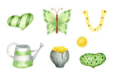 Watercolor Elements For St. Patricks Day. Illustration isolated on a white background. Horseshoe, butterfly, Cauldron of Coins and Hearts