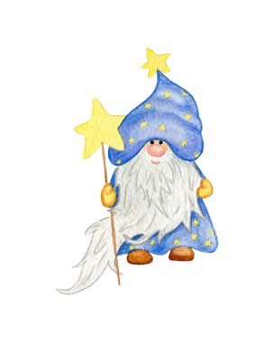 Watercolor Gnome. Illustration of a Cute Gnome on a white background. Elf for the design of cards, banners, greetings. Star Magical Dwarf in Blue Clothes