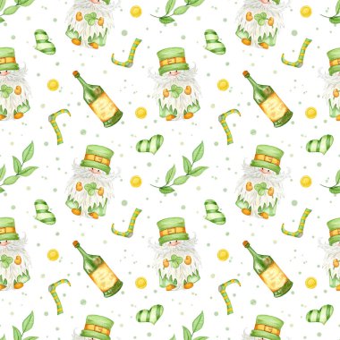 Watercolor seamless pattern for St. Patricks Day. Illustration with gnome, whiskey, stocking and branch and coin.