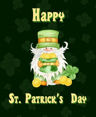 Watercolor Postcard for St. Patricks Day. Illustration with Leprechaun, Dwarf with Coins in Hat and Clover