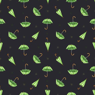 Green Umbrella. Watercolor Seamless Pattern with Green Umbrella. Design for Textile, Wrapping and Stationery