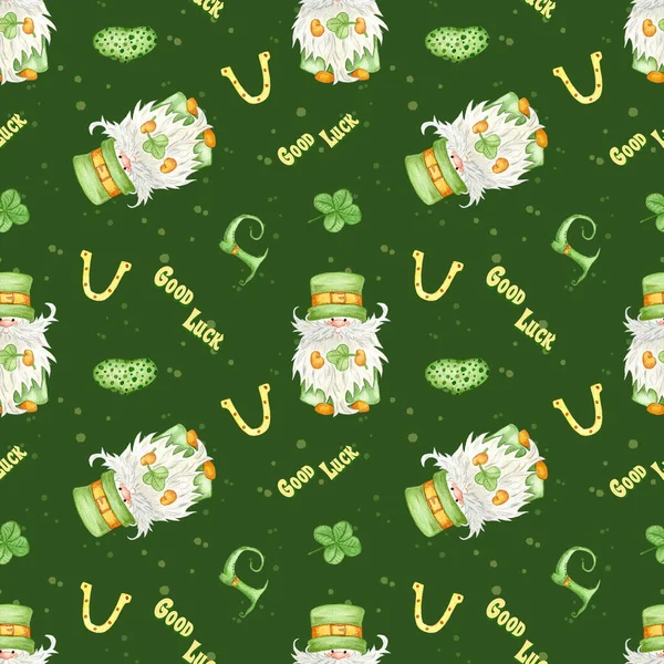 Watercolor seamless pattern for St. Patrick's Day. Illustration with gnome, horseshoe, boot and clover