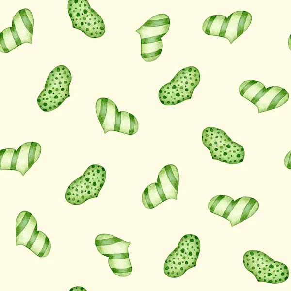 Green Heart. Watercolor Seamless Pattern with Green Hearts. Design for Textiles, Wrapping and Stationery for Valentine\'s Day, Mother\'s Day
