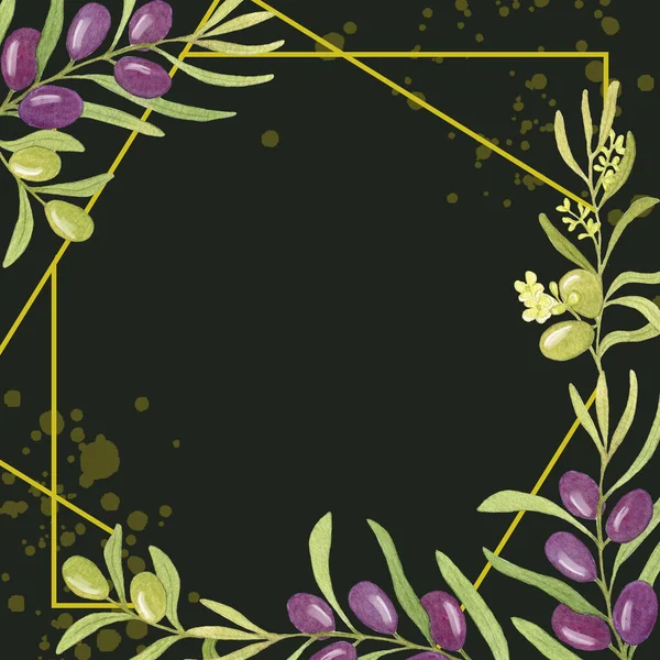 Watercolor Card with Black Olive Branches. Illustration Hand drawn. Olive berries on a branch. Design for Greeting, Menu, Postcard