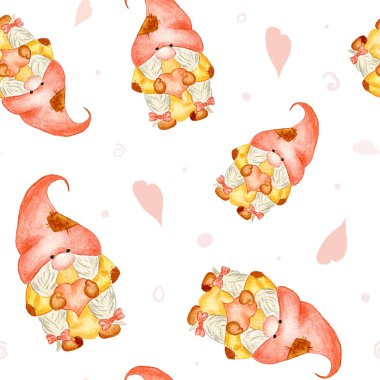 Valentines Day Gnomes Seamless Pattern. Watercolor Illustration of a Dwarf With a Heart