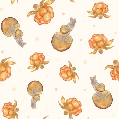 Watercolor Seamless Pattern with Mushrooms and Raspberry Berries. Illustration of Yellow Raspberry Cloudberry