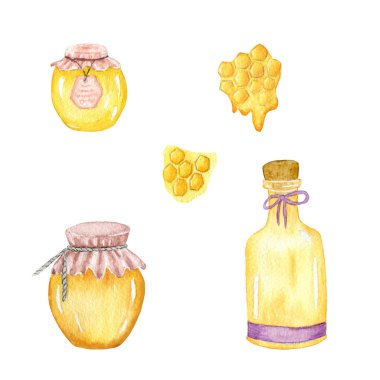 A jar of honey. Set of watercolor jars with honey and honeycomb. Honey sweets, health, organic product