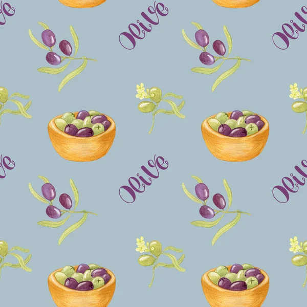 Watercolor Olive Seamless Pattern. Illustration with Olives in a Wooden Bowl and Olive Branches. Design for Cosmetics Packaging and so on