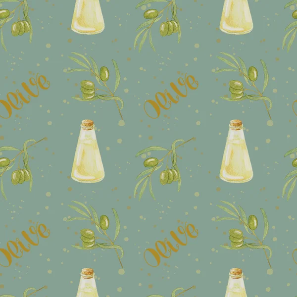 Watercolor Olive Seamless Pattern. Illustration with Green Olives and Bottle of Oil. Design for Cosmetics Packaging and so on