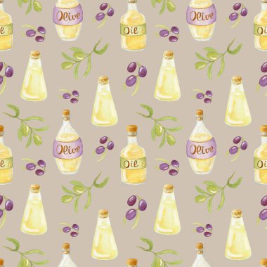 Watercolor seamless pattern with black and green olives Tree branches. Bottles with olive oil. Hand drawn illustration. Design for decorating cosmetics, food packaging, menus and textiles.