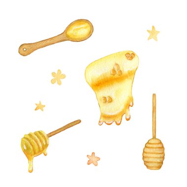 Honey Spoon. Set of watercolor wooden spoons with honey and honeycomb. Honey sweets, health, organic product. Dishes