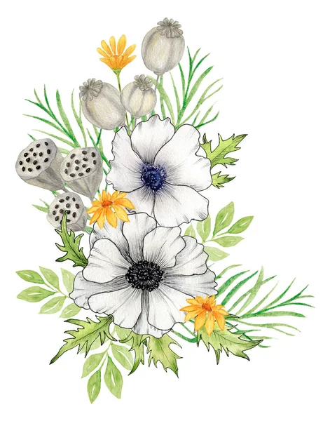 Akvarell Bukett Med Blommor Anemoner Gula Blommor Torr Vallmo Och — Stockfoto