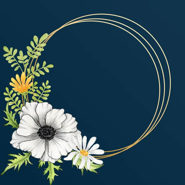 濃い青の背景にイソギンチャクの花と水彩カード アネモネの花の手描きイラスト 招待状 バナーのデザイン丸枠 — ストック写真