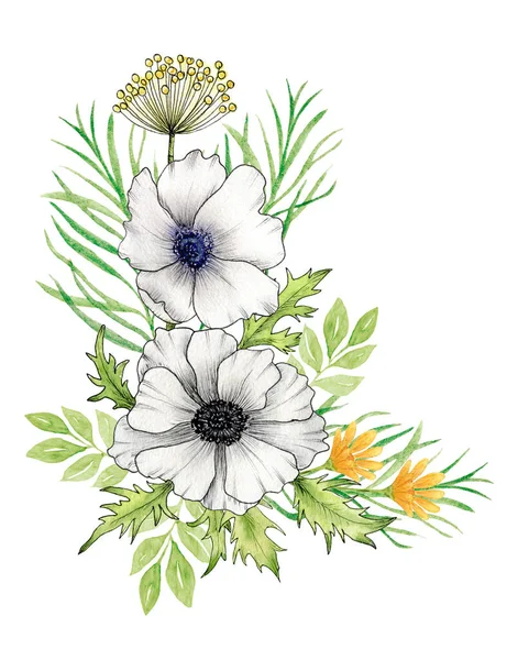 Akvarell Bukett Med Blommor Anemoner Och Gula Blommor Vita Milda — Stockfoto
