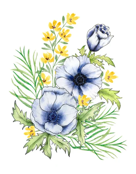 Υδατογραφία Μπουκέτο Λουλούδια Ανεμώνες Και Κίτρινα Αγριολούλουδα Μπλε Απαλές Ανεμώνες — Φωτογραφία Αρχείου