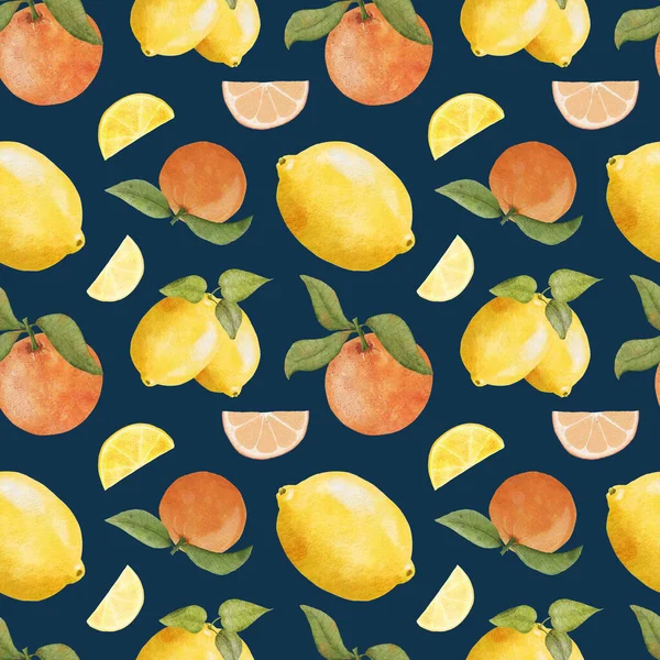 Akwarela Lemon Pomarańczowy Bezszwowy Wzór Plasterkami Owoców Tropikalny Wzór Owoców — Zdjęcie stockowe