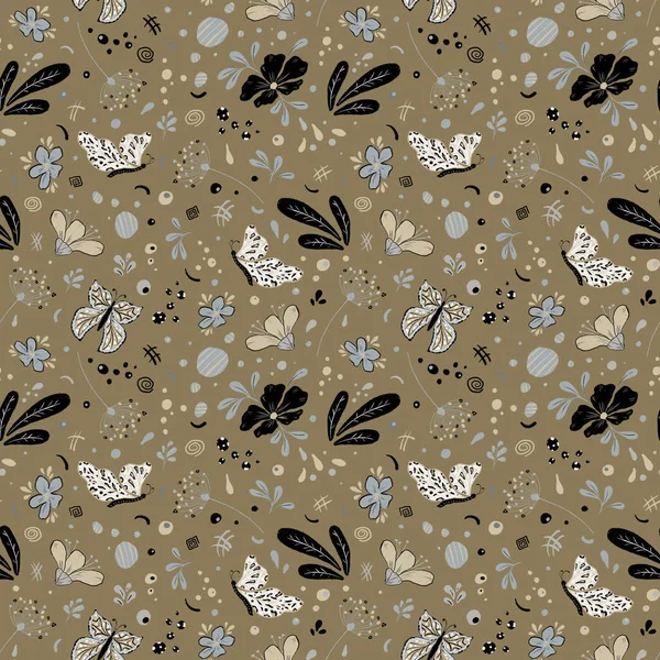 Sömlös Blommönster Monokroma Färger Handritning Insekter Och Blommor Fjärilar Design — Stockfoto