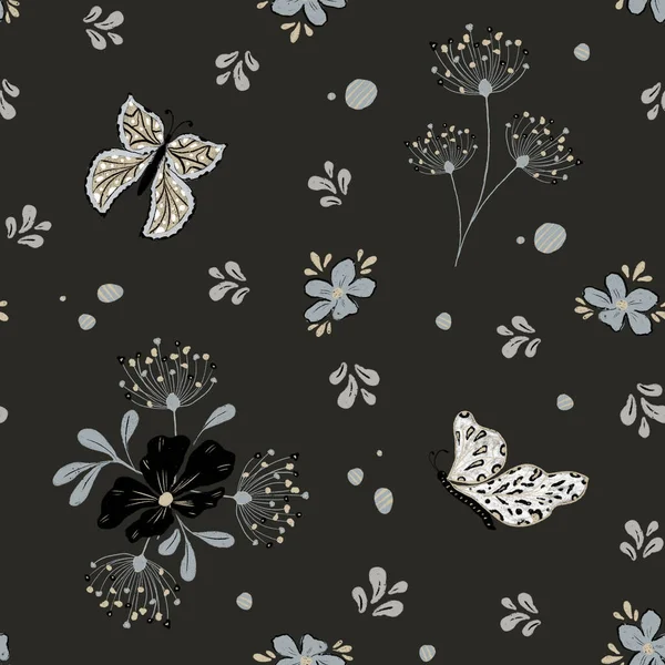 花蝶シームレスモノクロパターン タンポポとイソギンチャクの花 花や昆虫の手描き ドレス 包装のためのデザイン — ストック写真