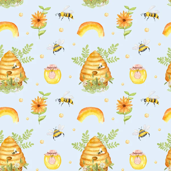 Biodling Akvarell Bee Blommig Sömlös Mönster Med Bikupa Och Burk — Stockfoto