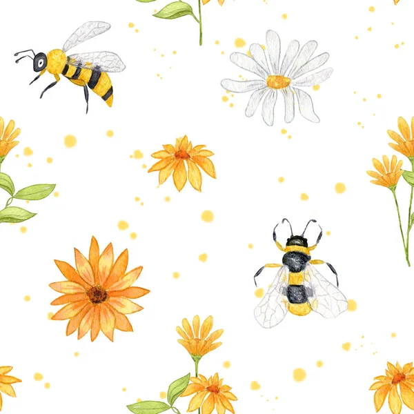 Bienenmuster Aquarell Nahtloses Muster Mit Kamillenblüten Sonnenblumen Und Bienen Imkerei — Stockfoto