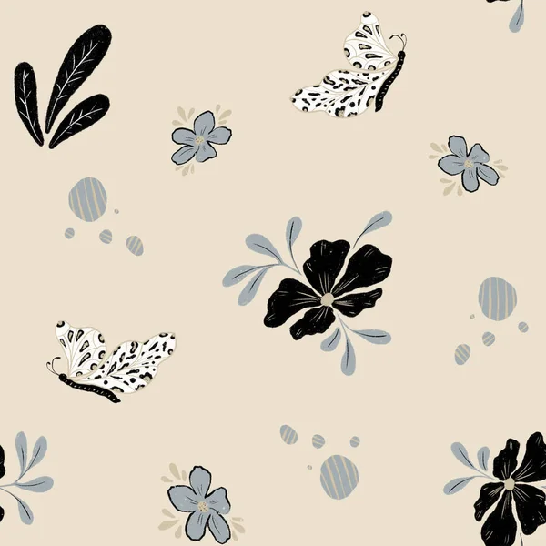 Zökkenőmentes Virágminta Monokróm Színekben Rovarok Virágok Kézrajza Pillangók Ajándékok Textíliák — Stock Fotó