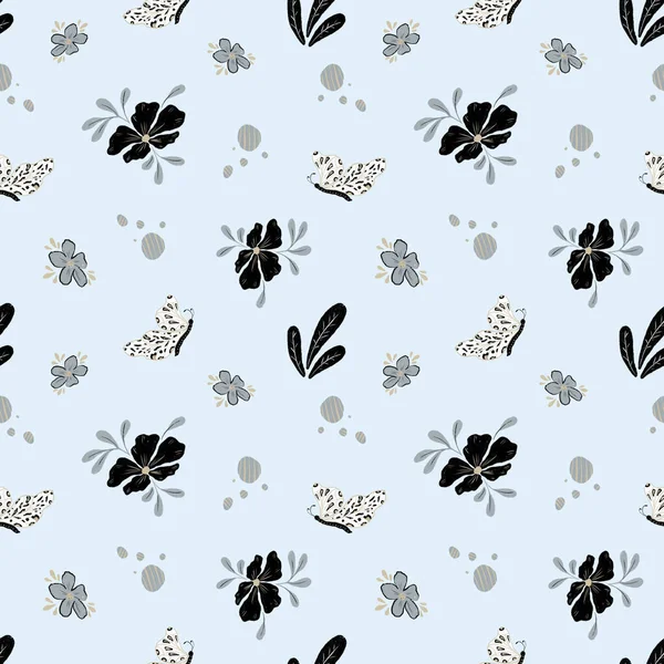Zökkenőmentes Virágminta Monokróm Színekben Rovarok Virágok Kézrajza Pillangók Ajándékok Textíliák — Stock Fotó