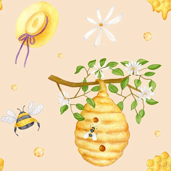 Apiculture Watercolor Pattern Bees Beehive Tree Straw Hat Ribbon Design — Stock Photo, Image