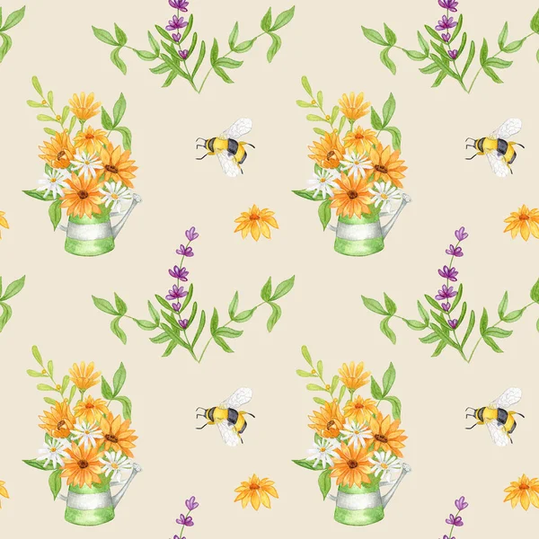 食欲をそそる ミツバチやラベンダーの花と水彩シームレスパターン カモミールとひまわりの花束 織物などのデザイン — ストック写真